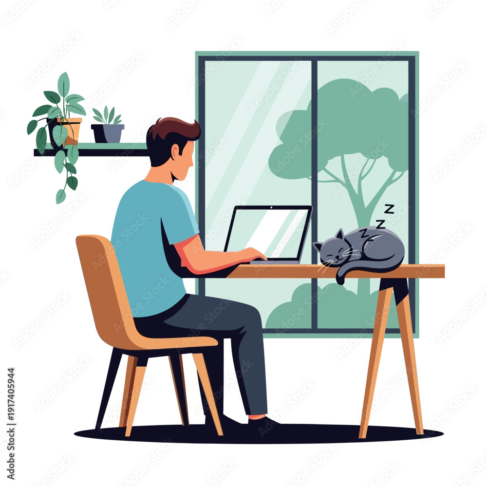 Obraz premium Man working on laptop at desk with cat sleeping nearby, home office, window view