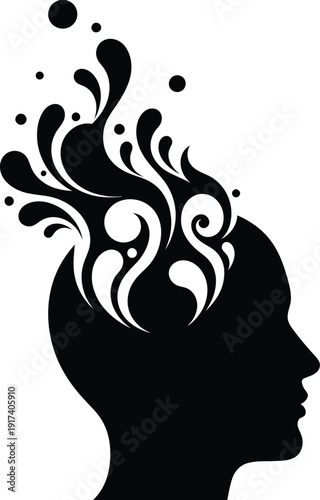 An abstract pure black silhouette depicting a human head (profile view) with various fluid, organic, or geometric shapes "percolating" or flowing upwards and outwards from the top of the head, against