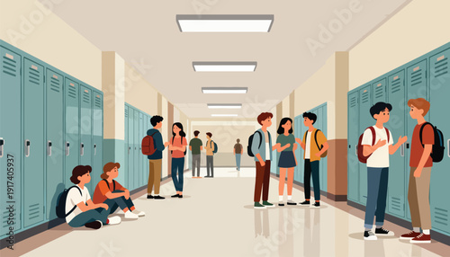 Students gather in a school hallway with lockers and bright overhead lights