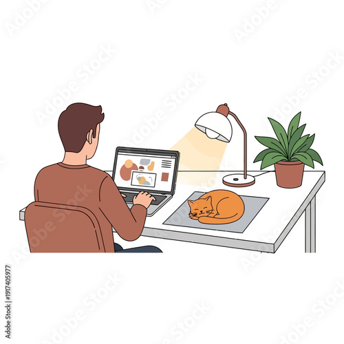 Man working on laptop with cat sleeping on desk, home office setup