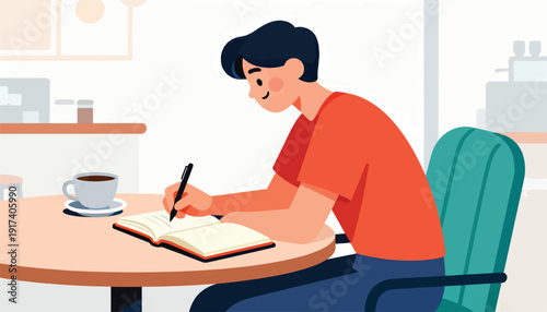 Person writing in a notebook at a cafe table with a cup of coffee