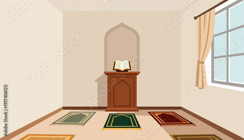 Interior of a room with prayer mats, a wooden stand, and an open book
