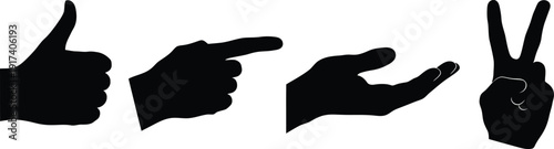 A set of distinct hand gesture silhouettes including thumbs up, pointing finger, open palm, and peace sign, arranged neatly, a clean white background. Minimalist design, high contrast, no colors other
