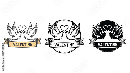 Elegant dove emblems with hearts and 'Valentine' ribbons symbolizing love and romance
