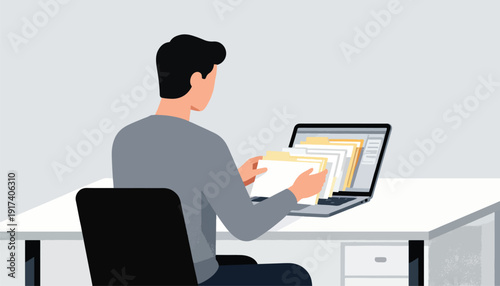 Man in office organizing documents on laptop screen