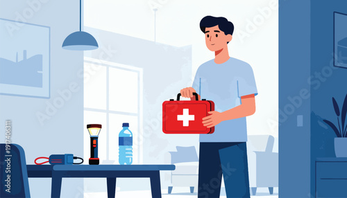 Man holds emergency kit in a room with preparedness supplies