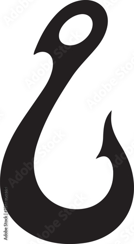 Simple black fish hook silhouette on a transparent background, an iconic symbol of fishing, presented as a clean vector graphic design
