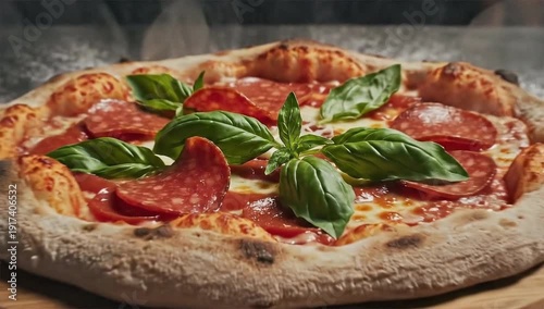 Delicious pepperoni pizza topped with fresh basil leaves. Suitable for food blogs, restaurant menus, and promotional materials. Perfect pizza imagery.