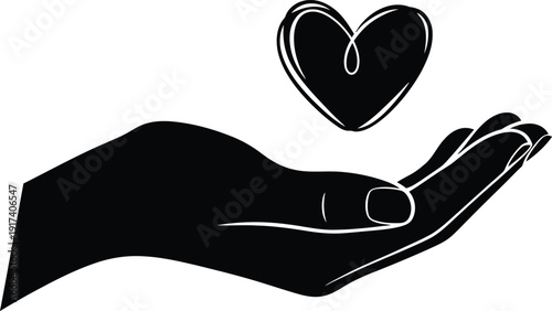 A pure black silhouette of an open, cupped hand gently cradling or protecting a smaller, abstract shape within it (e.g., a simple heart, a small seedling, or a delicate lightbulb). This should convey 