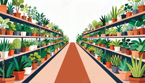 Rows of potted plants displayed on shelves in a bright, modern nursery
