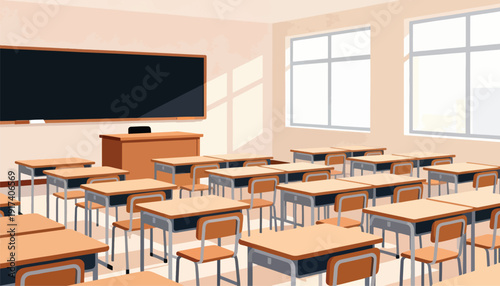 Sunlight streams into an empty classroom filled with desks and chairs before a chalkboard