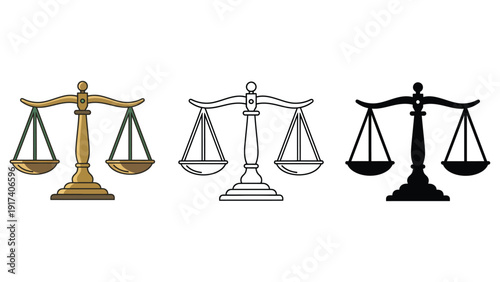 Symbol of justice, fairness, and balance represented by scales in three distinct styles