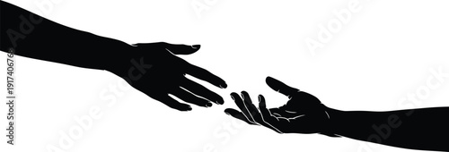 A pure black silhouette on a white background depicting two hands, one larger and one smaller, gently reaching towards each other or overlapping in a gesture of support, care, or aid. Focus on clear, 