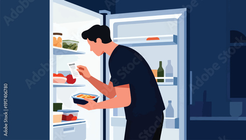 Man with dark hair checks a list while holding a food container in an open refrigerator