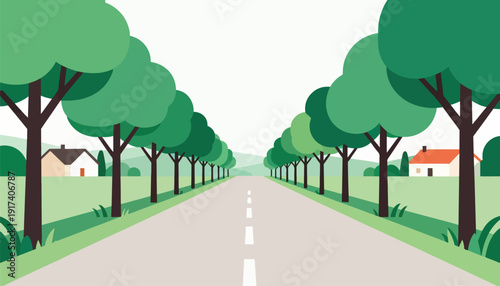 A paved road lined with trees leads to houses nestled in a green landscape