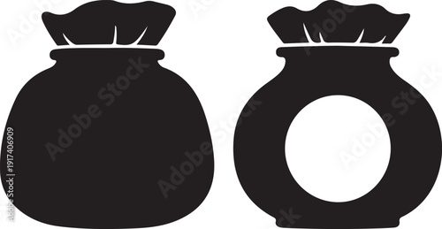 Silhouette Vector Design of Two Money Bags, One Solid and One with a Circular Cutout, on a Transparent Background