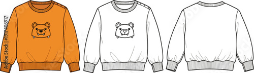 Kids Bear Sweatshirt Vector Illustration, Baby Long Sleeve Pullover Technical Flat Sketch