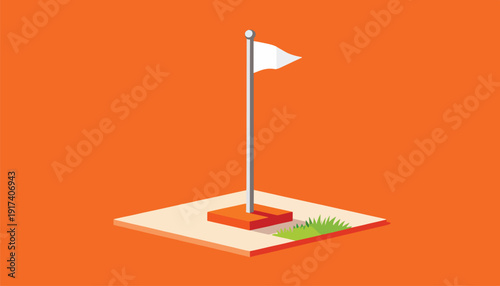 Minimalist graphic of a white flag on a pole, on a small patch of grass and land