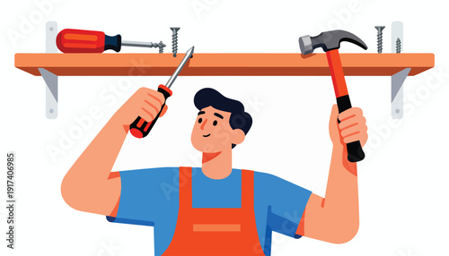 Man in overalls working on shelf with hammer and screwdrivers