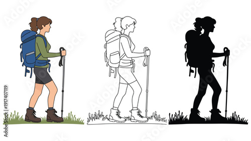 Active woman hiker with backpack and poles explores nature on a sunny day.