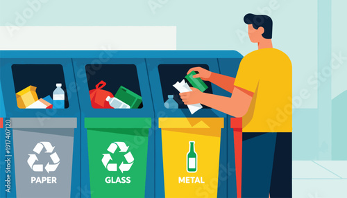 Man sorts waste into designated bins paper, glass, and metal