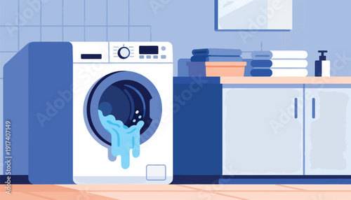 Laundry room scene with washing machine overflowing water onto floor