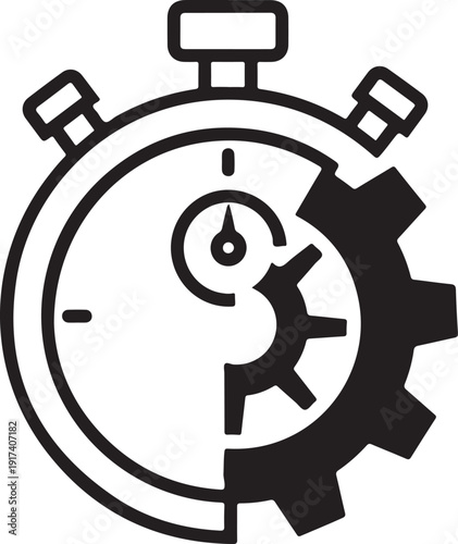 Stopwatch and gear mechanism icon representing efficient time management and industrial productivity or technical timing process with clock and cogwheel elements here