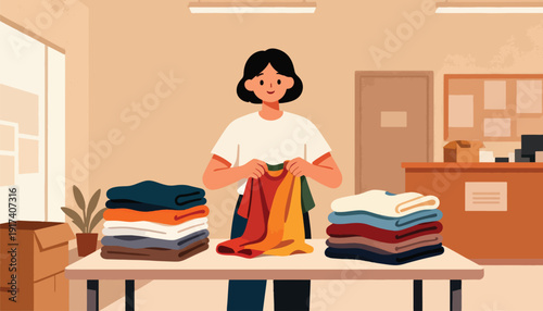 A person folds colorful clothes at a table in a room