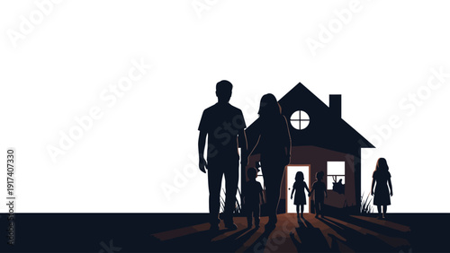 Silhouettes of a family approaching a dark house against a bright background