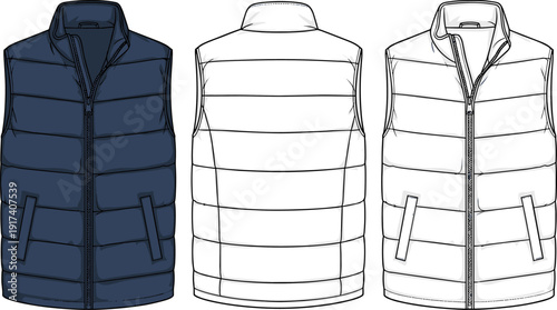Puffer Vest Technical Sketch, Men Quilted Gilet Mockup, Front and Back View, Flat Vector Illustration