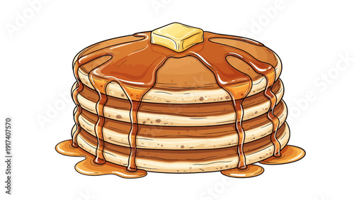 Stack of five pancakes with melting butter and drizzling syrup on white background