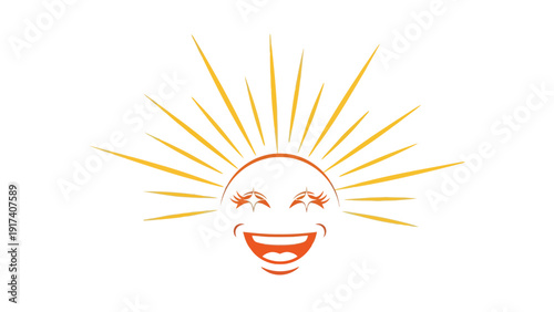 Stylized anthropomorphic smiling sun with bright yellow rays on white