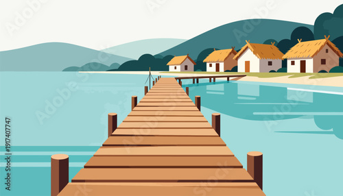 Wooden pier leads to thatched-roof huts on a sandy shore