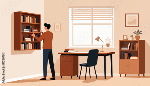 Man organizing books on a shelf beside a desk with a lamp and window