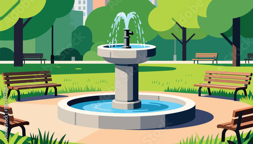 Park fountain with benches and lush greenery, cityscape in background
