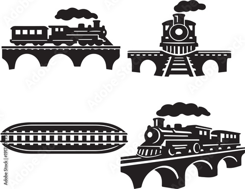 black silhouette vector  set  steam engine  train above the bridge .