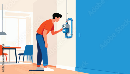 Man checks meter on wall next to dining area