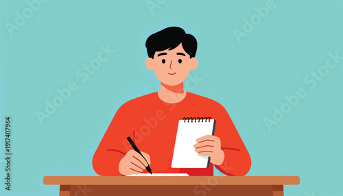 Young person in orange shirt writing in a notepad with a pen at a desk