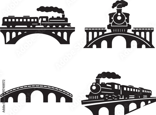  black silhouette vector steam engine train set icon