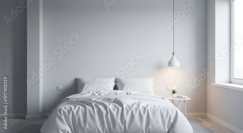 Modern minimalist bedroom interior with white bed and subtle decor
