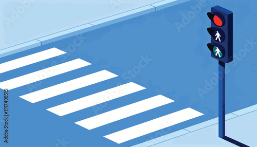 Isometric traffic signal showing red, white pedestrian, and green pedestrian signals by a crosswalk