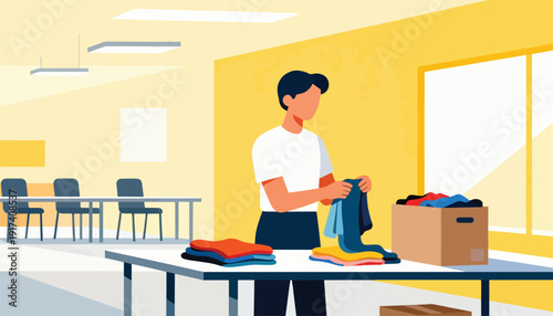 Person folding colorful clothes on a table, preparing them for a box