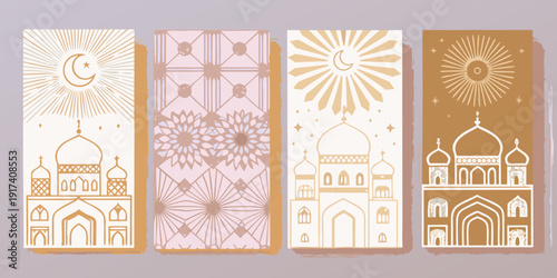 Four ornate rectangular panels with islamic motifs and architectural designs