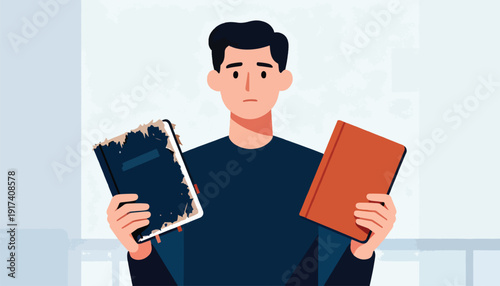 Man holding damaged old book and new book