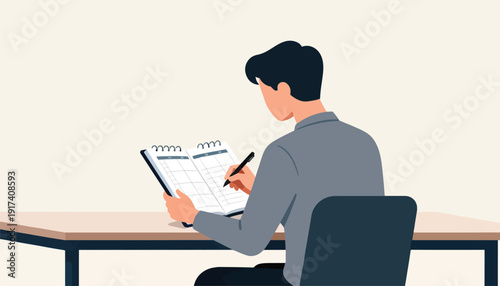 Person writing in planner at desk