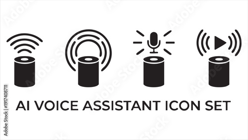 Ai voice assistant icon set: smart speaker with sound waves, voice control, and audio playback symbols
