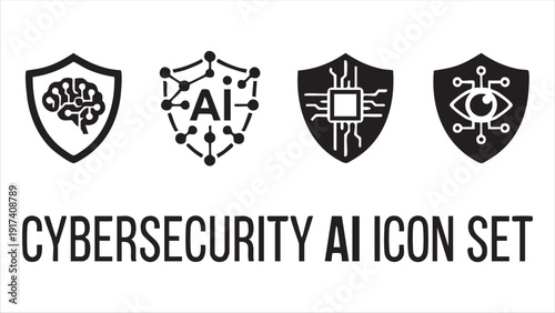 Cybersecurity ai icon set with shield protection and artificial intelligence security symbols