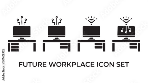 Future workplace icon set with computers on desks and wifi signals