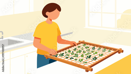 Person arranging fresh green leaves on a drying rack in a bright kitchen