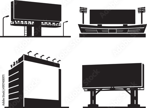 Set of black and white vector billboard and blank advertising banner icons for business, office, and stadium ground interior marketing design